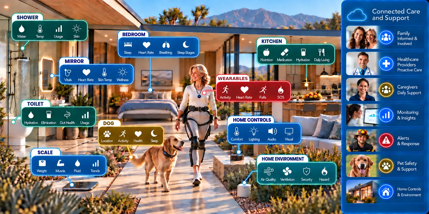 Concept illustration of a smart home connecting environmental sensors, a medical-alert pendant, mobility assistance, pet safety, and a coordinated care network