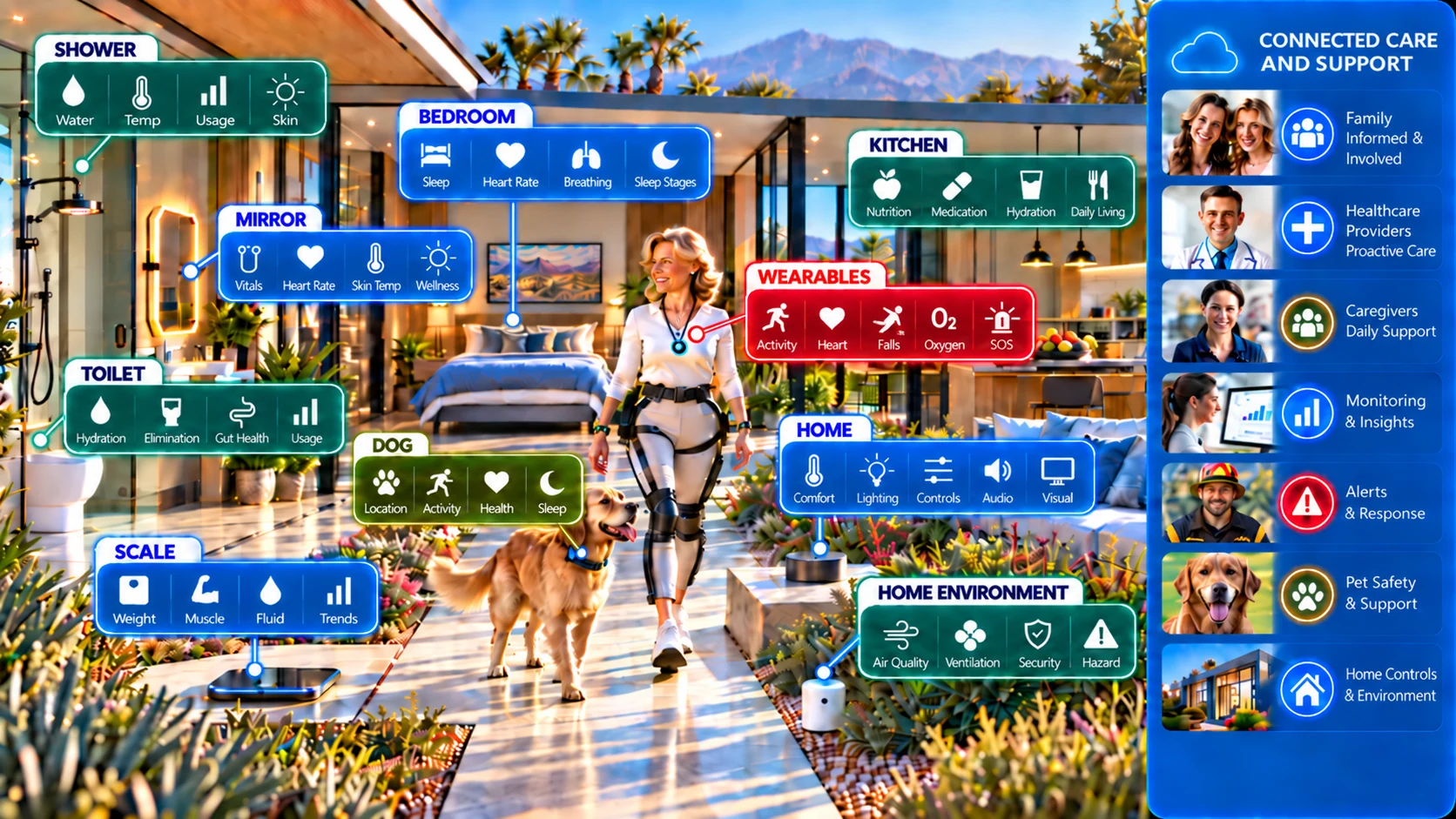 Connected smart-home care ecosystem showing home sensors, wearable monitoring, mobility support, pet safety, environmental monitoring, and coordinated family and professional support
