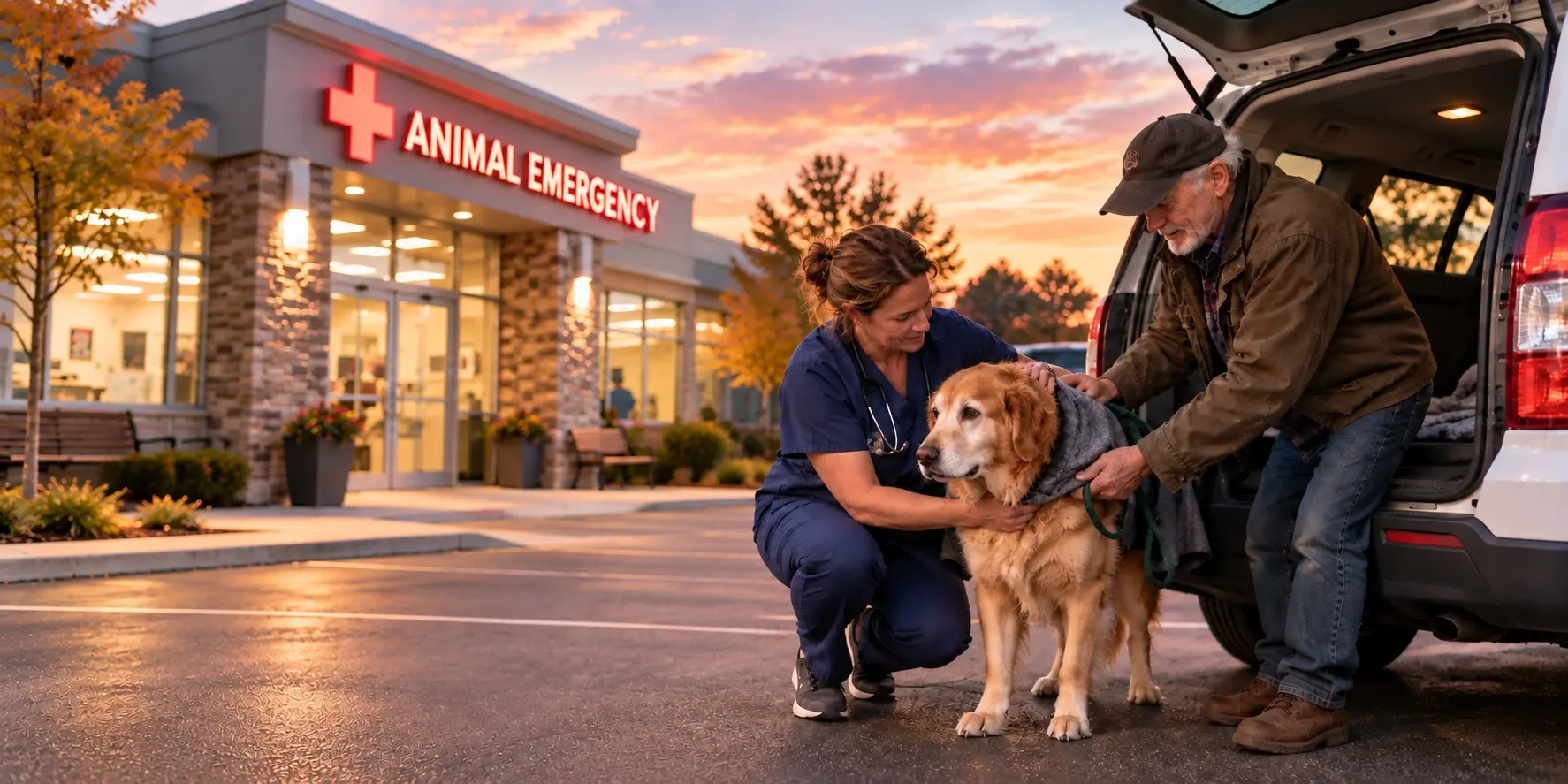 A veterinary professional and an older dog owner comfort a golden retriever outside an animal emergency clinic