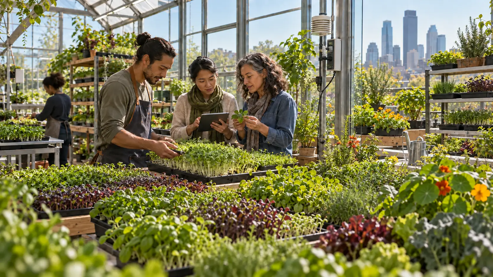 An abundant urban greenhouse where a diverse team studies microgreens, sprouts, herbs, and other plants with a restrained city skyline beyond