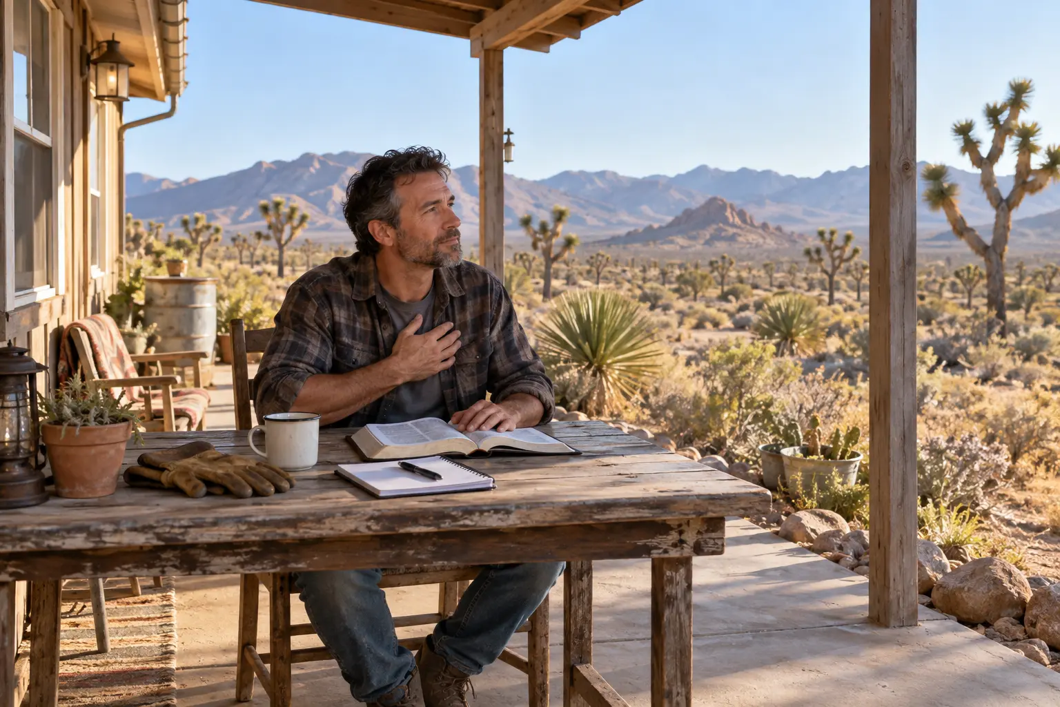 A man pauses in prayer beside an open Bible and journal on a modest Mojave Desert porch