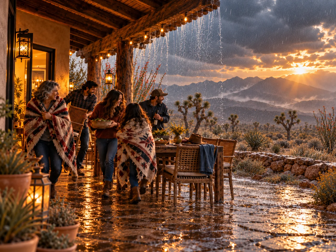 A family gathering adapts under a covered patio as a sudden desert rainstorm arrives at sunset