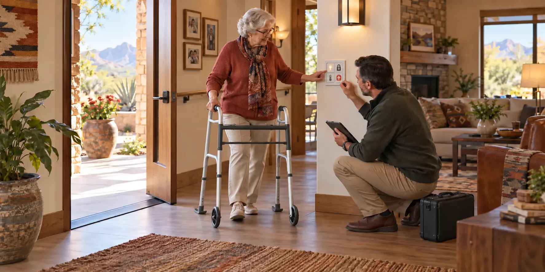 An installer demonstrates an accessible home-control panel to an older woman using a front-wheel walker with rear glide skis in her adapted home