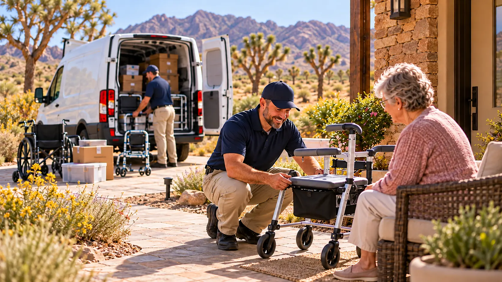 A delivery technician sets up a rollator for an older woman while another technician unloads home-care equipment from a van