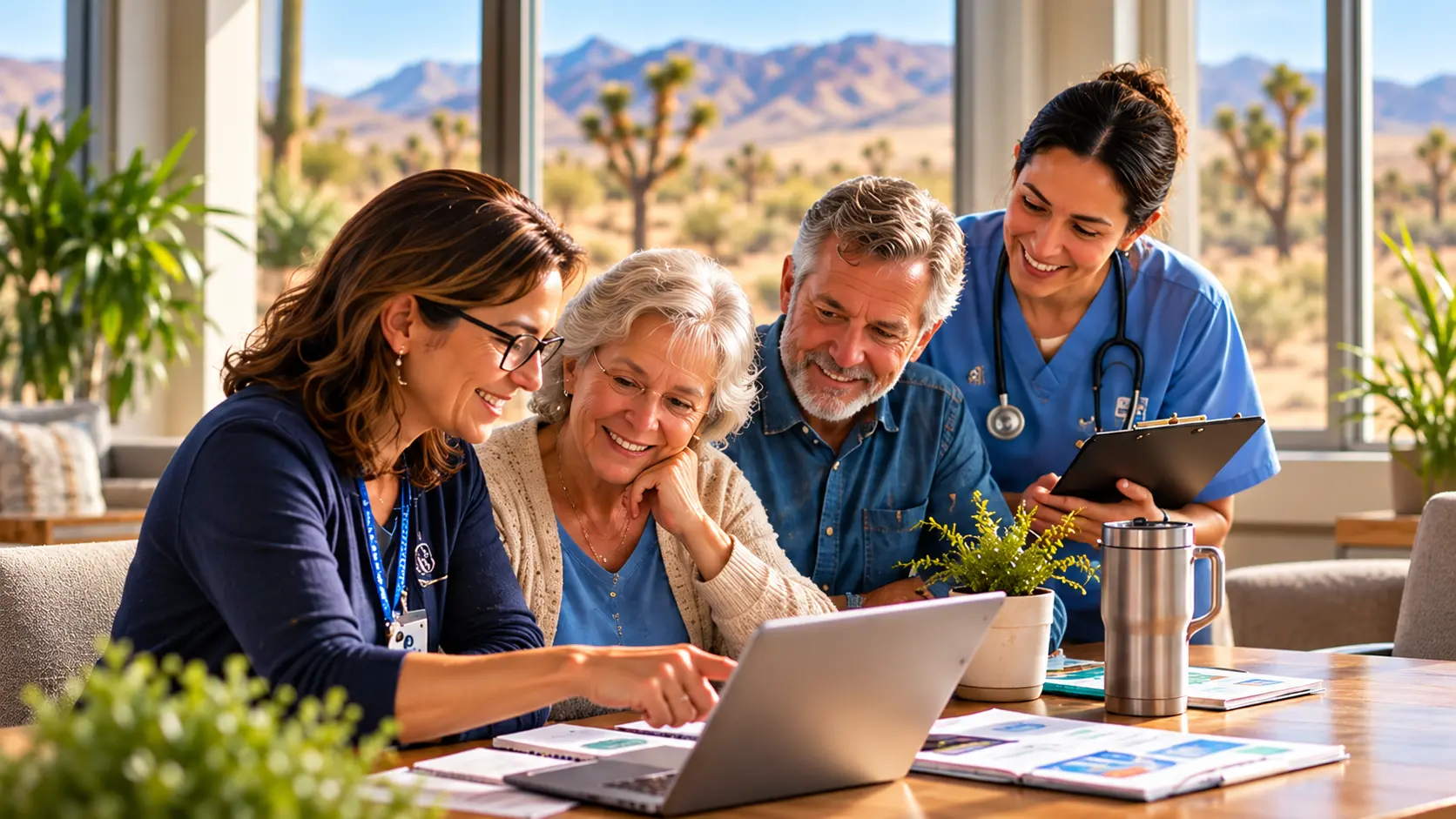 An older couple reviews a coordinated care plan with a clinician and nurse around a shared table