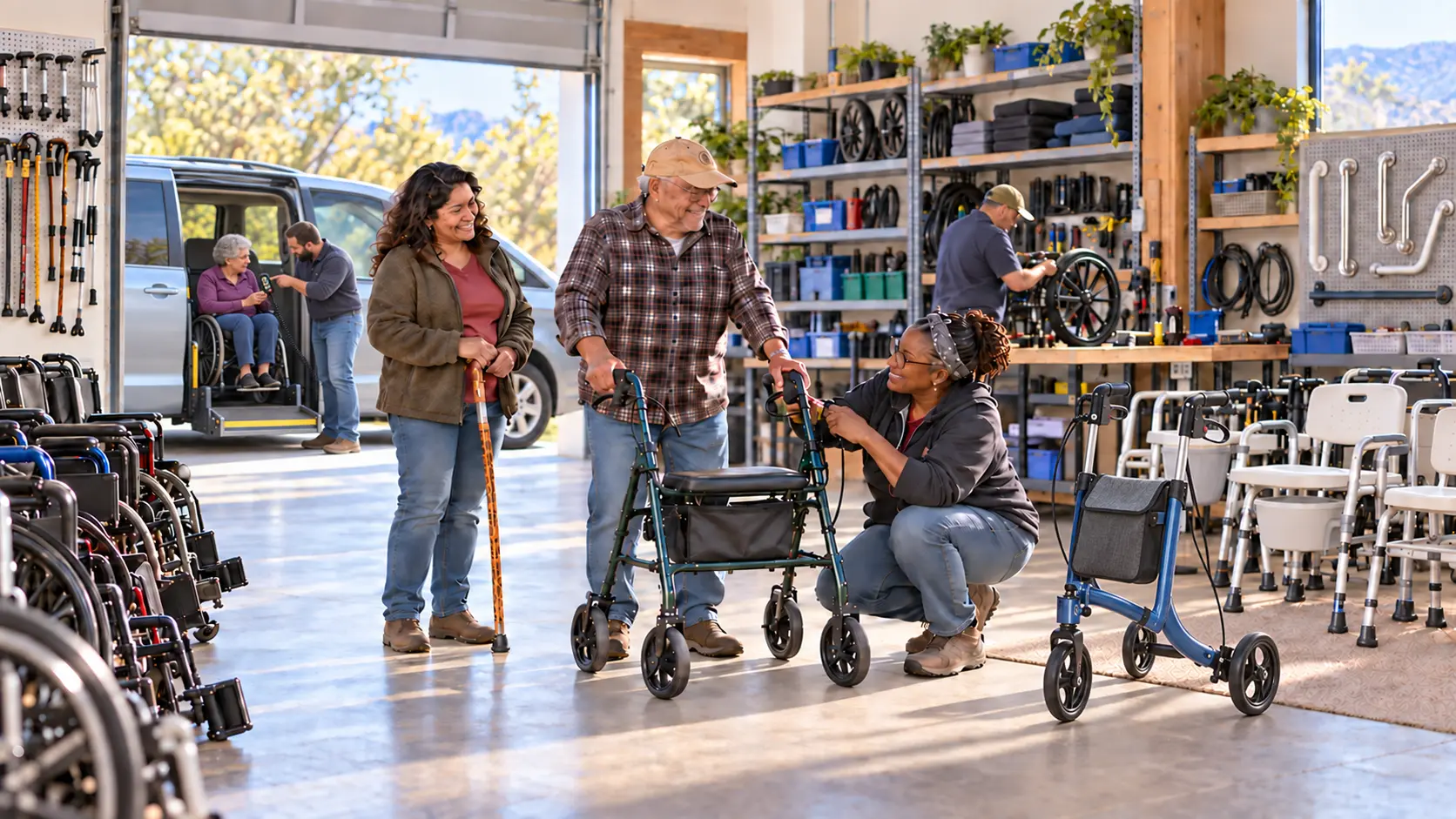 An older man compares refurbished rollators with a technician while another specialist teaches a wheelchair user to operate her accessible van lift