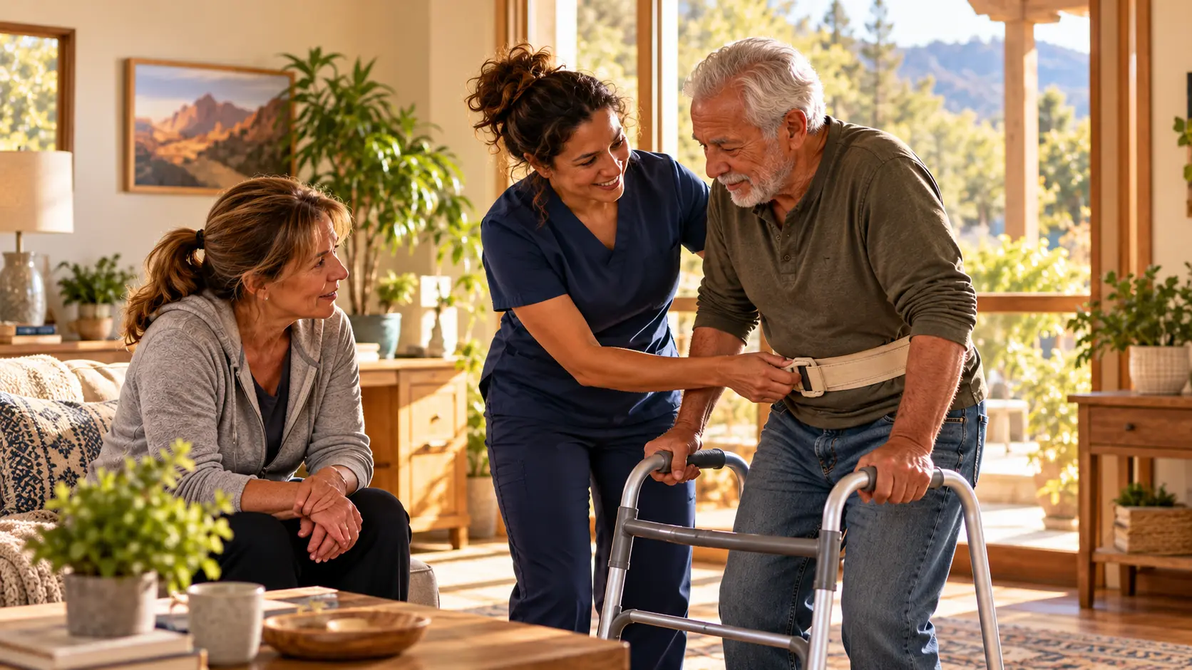 A caregiver helps an older man practice safely with a walker and support belt while a family member watches