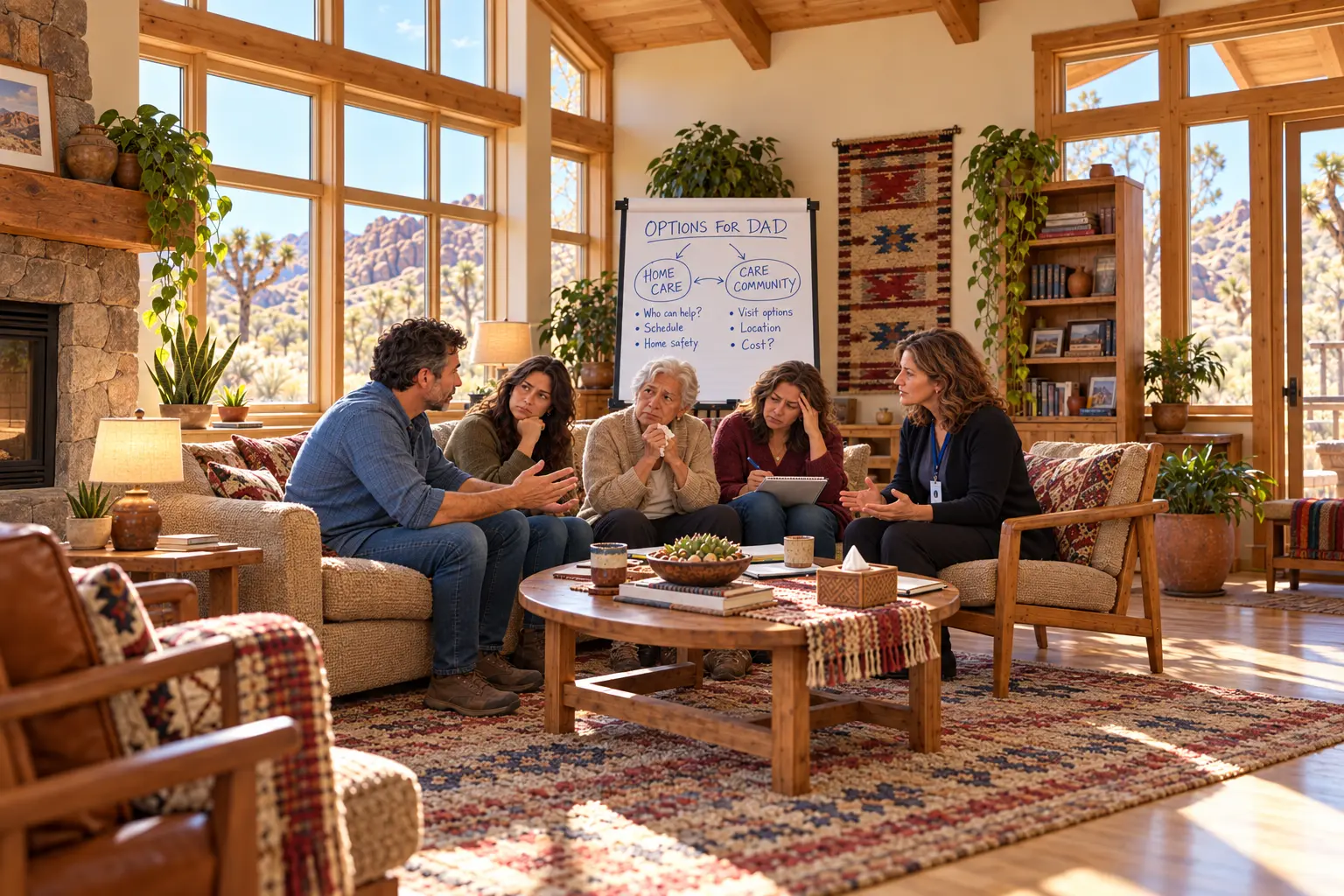 A family and professional navigator work through home-care and care-community options for an absent father