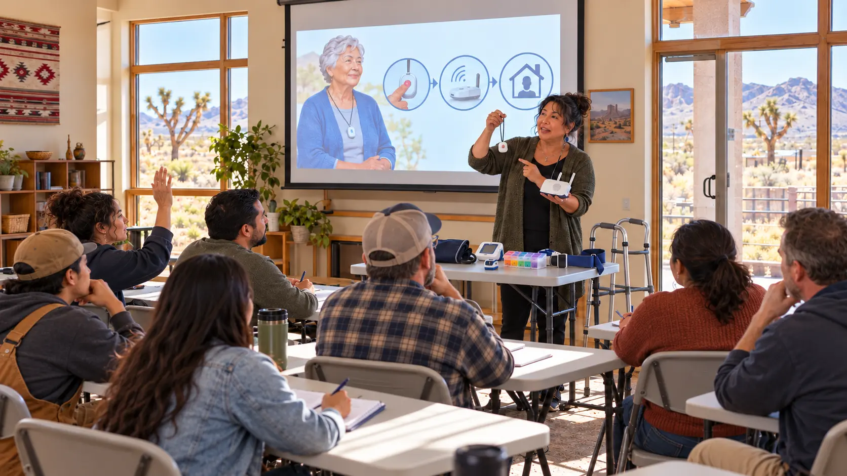 A rural classroom of prospective caregivers learns to use a personal alert pendant and home receiver