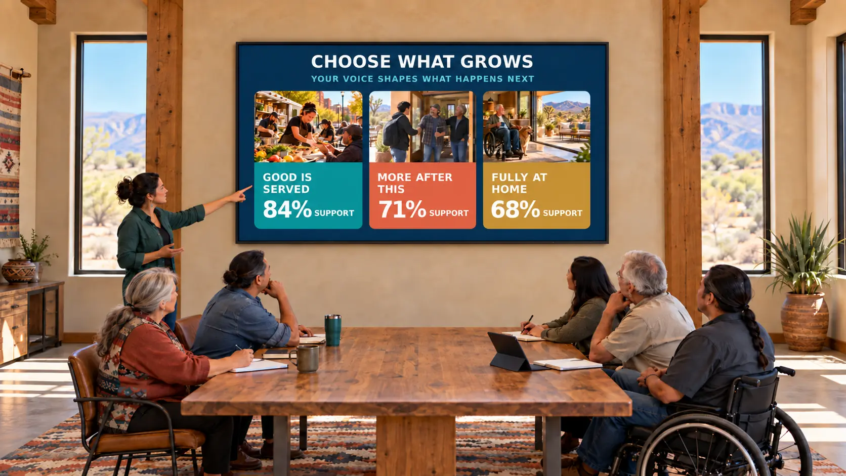 A diverse community group reviews a large smart display showing three Wellsprings initiative choices—Good Is Served, More After This, and Fully at Home—with clear photographs and support levels