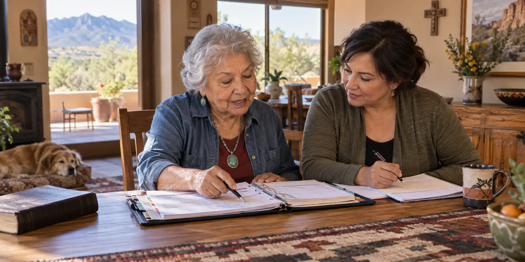 An older woman confidently leads her own faith-centered home-care planning while a trusted helper listens and takes notes