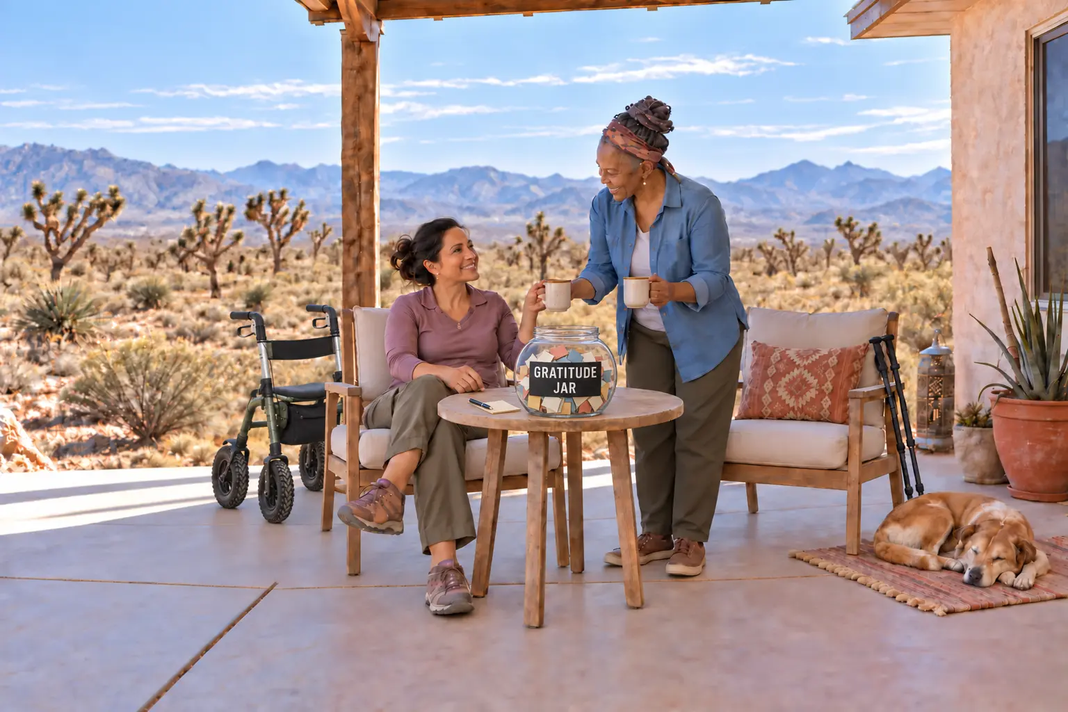 Two women share coffee beside a prominent fishbowl-shaped gratitude jar on a high-desert patio