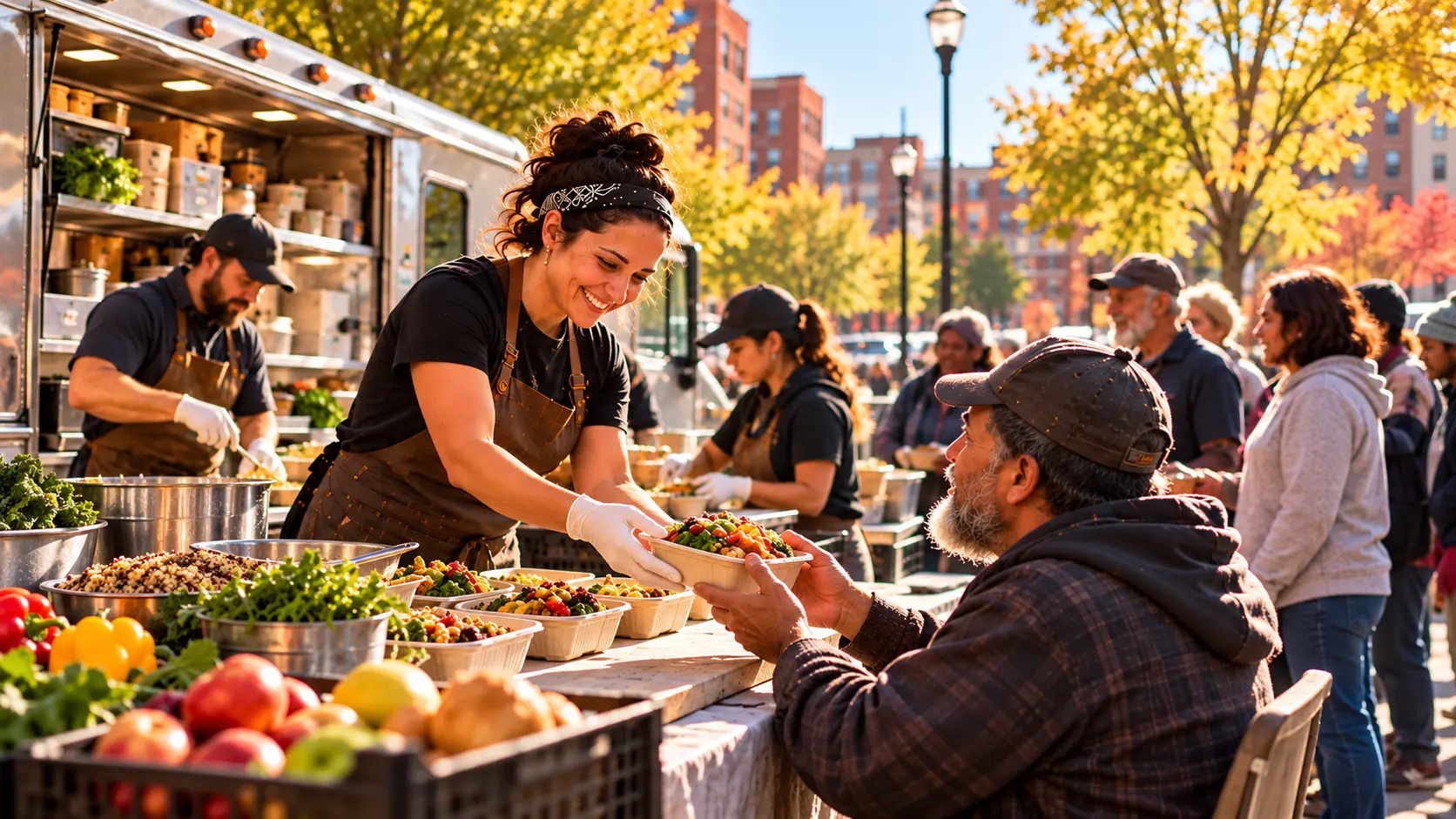 A smiling community food-service worker hands a healthy meal to an older man beside a neighborhood food truck