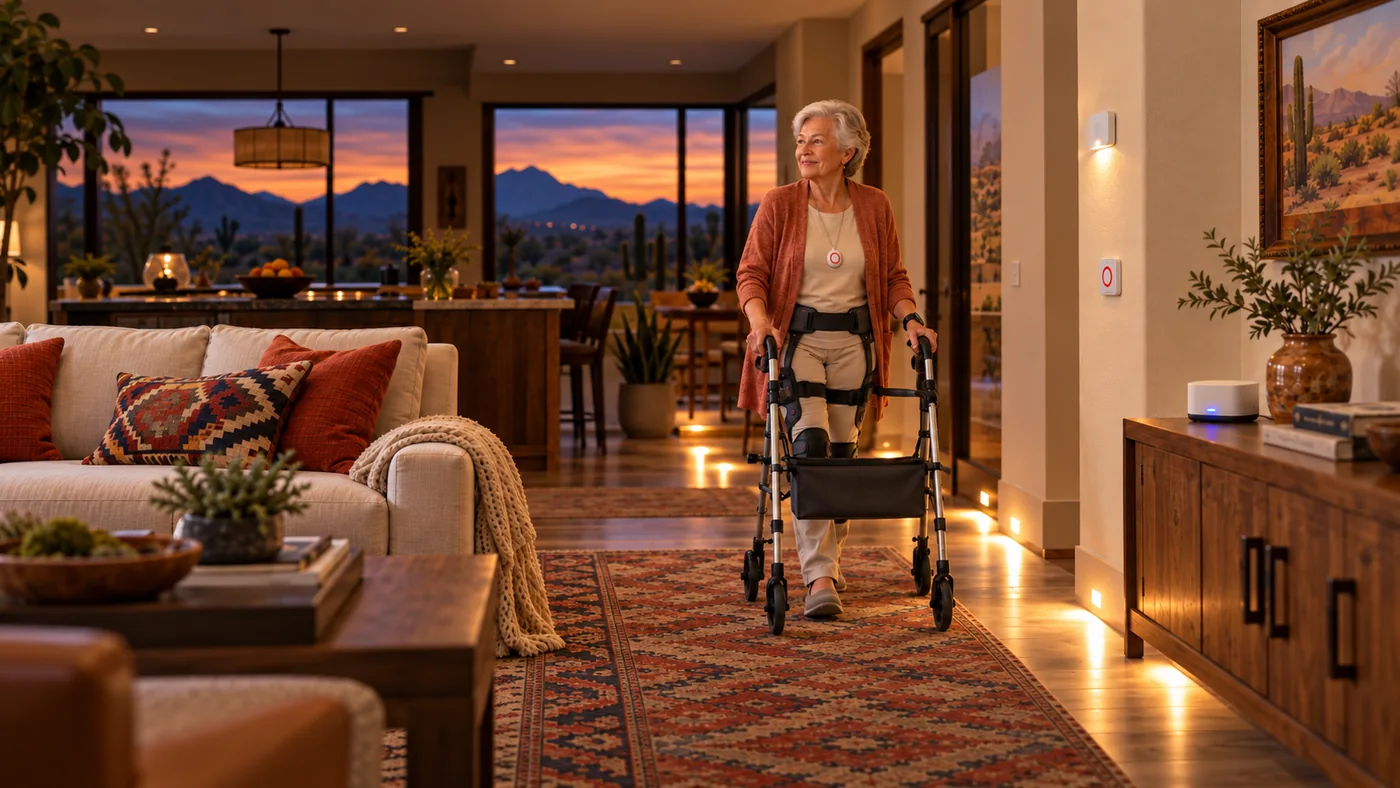 An older woman moves independently through her home with a walker, wearable safety technology, a lightweight assistive exosuit, and motion-activated pathway lighting