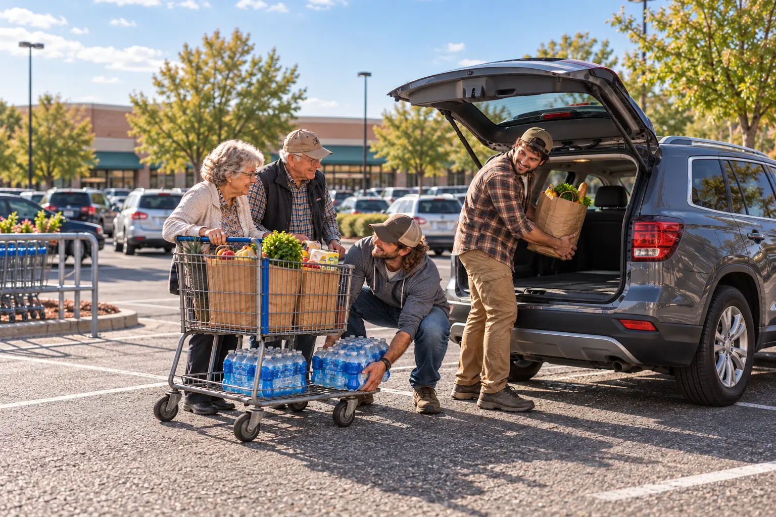Neighbors help an older couple load groceries and bottled water into their vehicle in a community parking lot