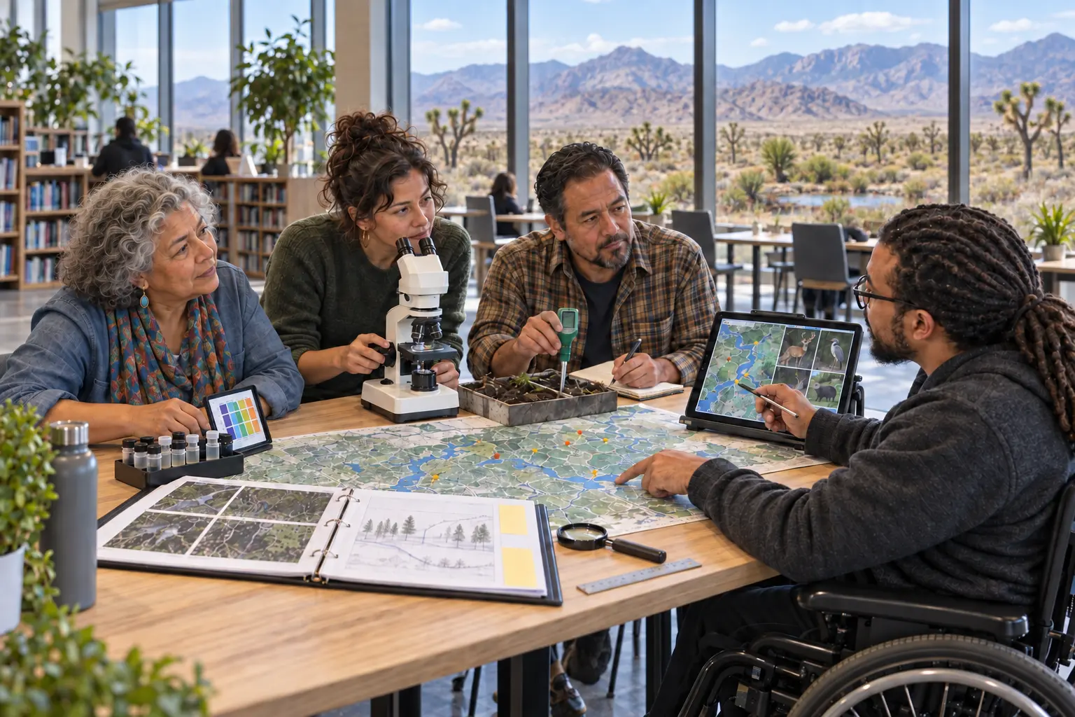 A collaborative research team examines plant specimens, soil, water data, wildlife maps, and microscope evidence at a desert research station