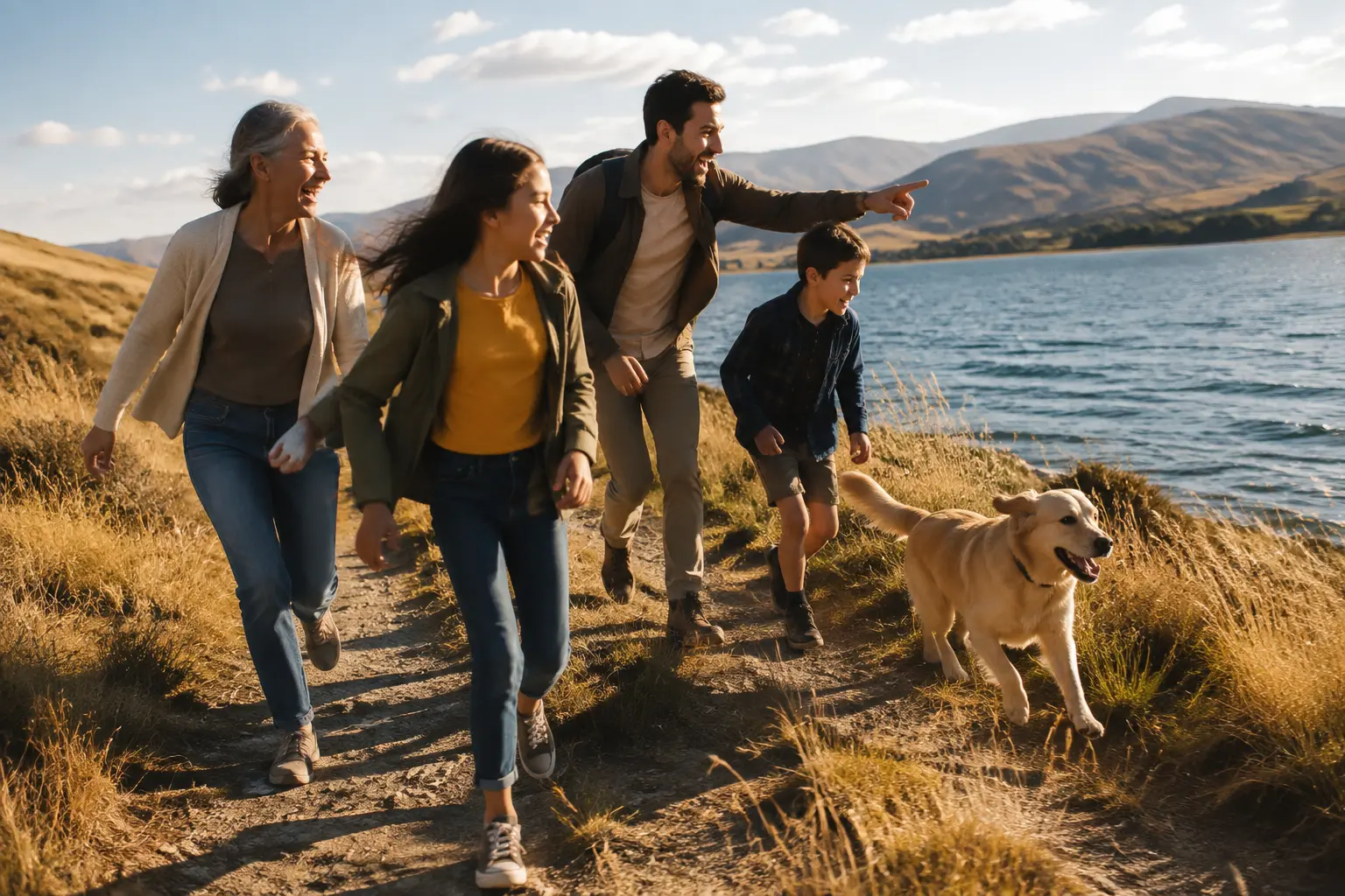 Family and dog walking beside a lake with mountains behind them