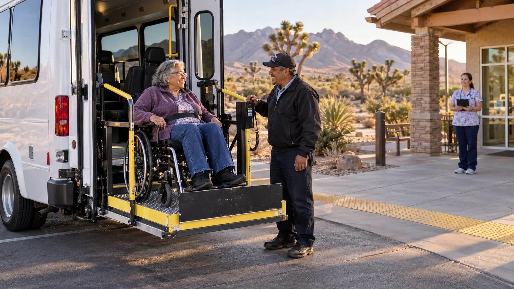 An older wheelchair user speaks with a trained driver while safely positioned on an accessible shuttle lift outside a rural clinic