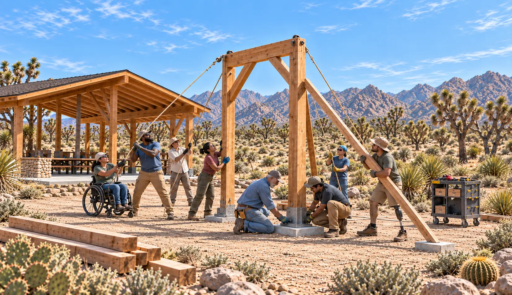 A diverse team raising an accessible timber pavilion together in the high desert