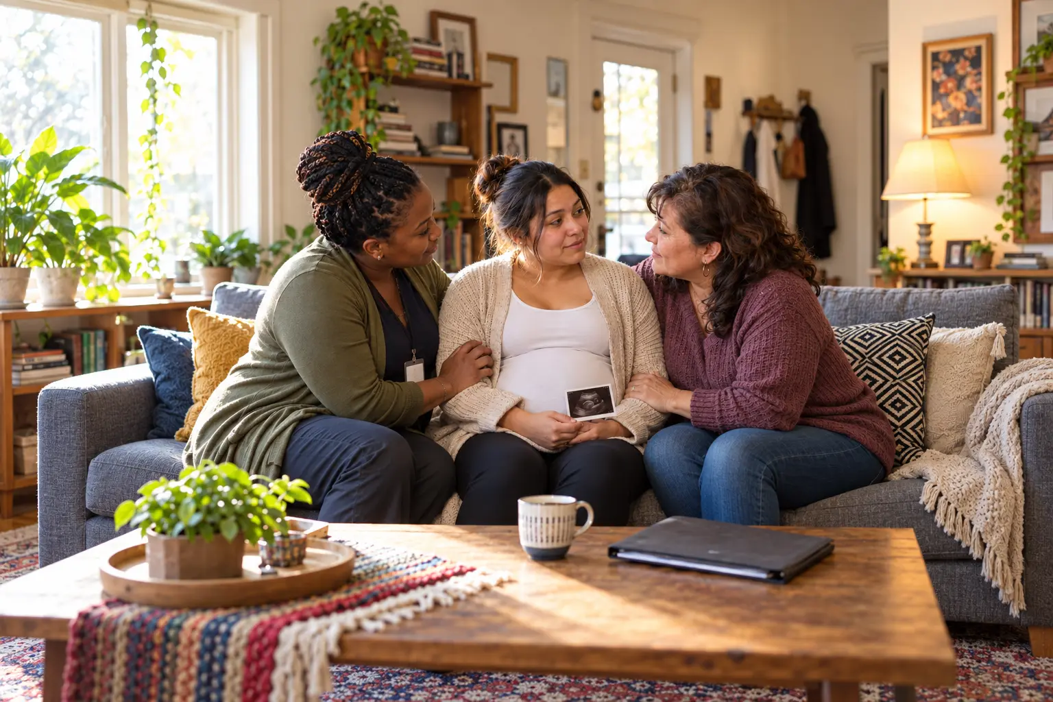 A pregnant woman is surrounded by a community advocate and peer supporter in a compassionate circle of care