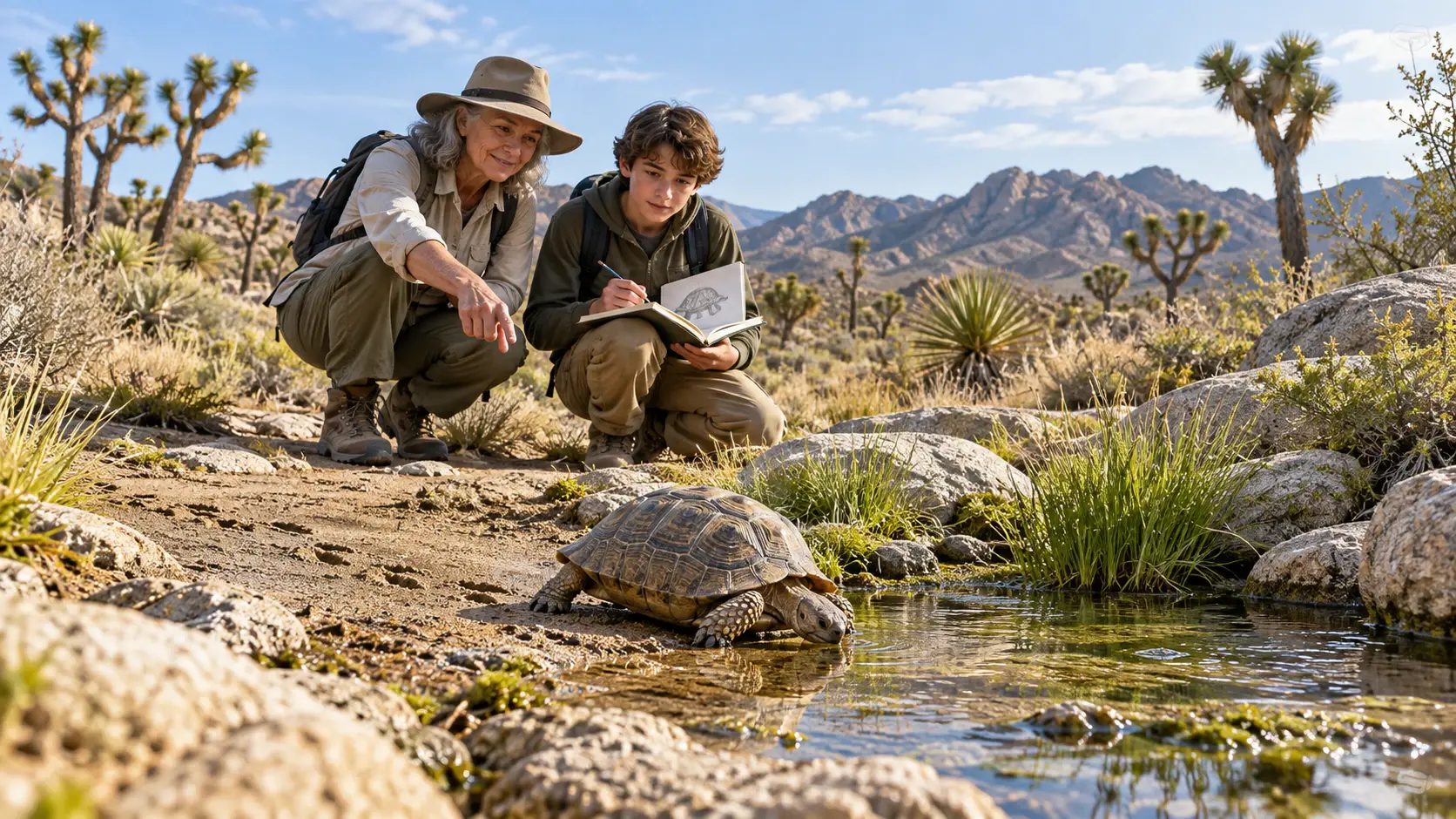 An older woman and teenage boy carefully observe and sketch a desert tortoise drinking from a natural spring, with its tracks visible in the damp sand