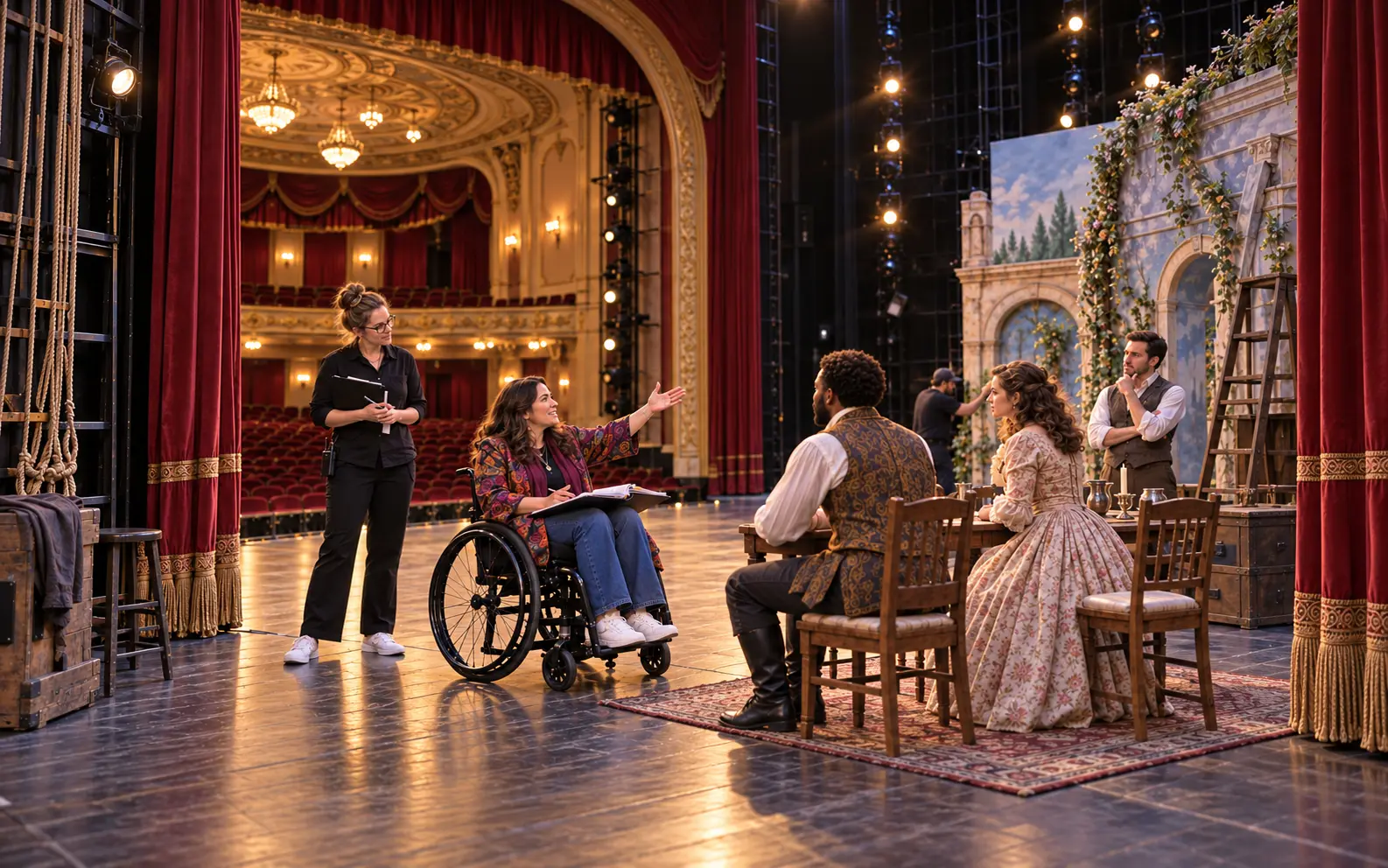 A creative director using a wheelchair leads actors and stage crew during an accessible live-theater rehearsal