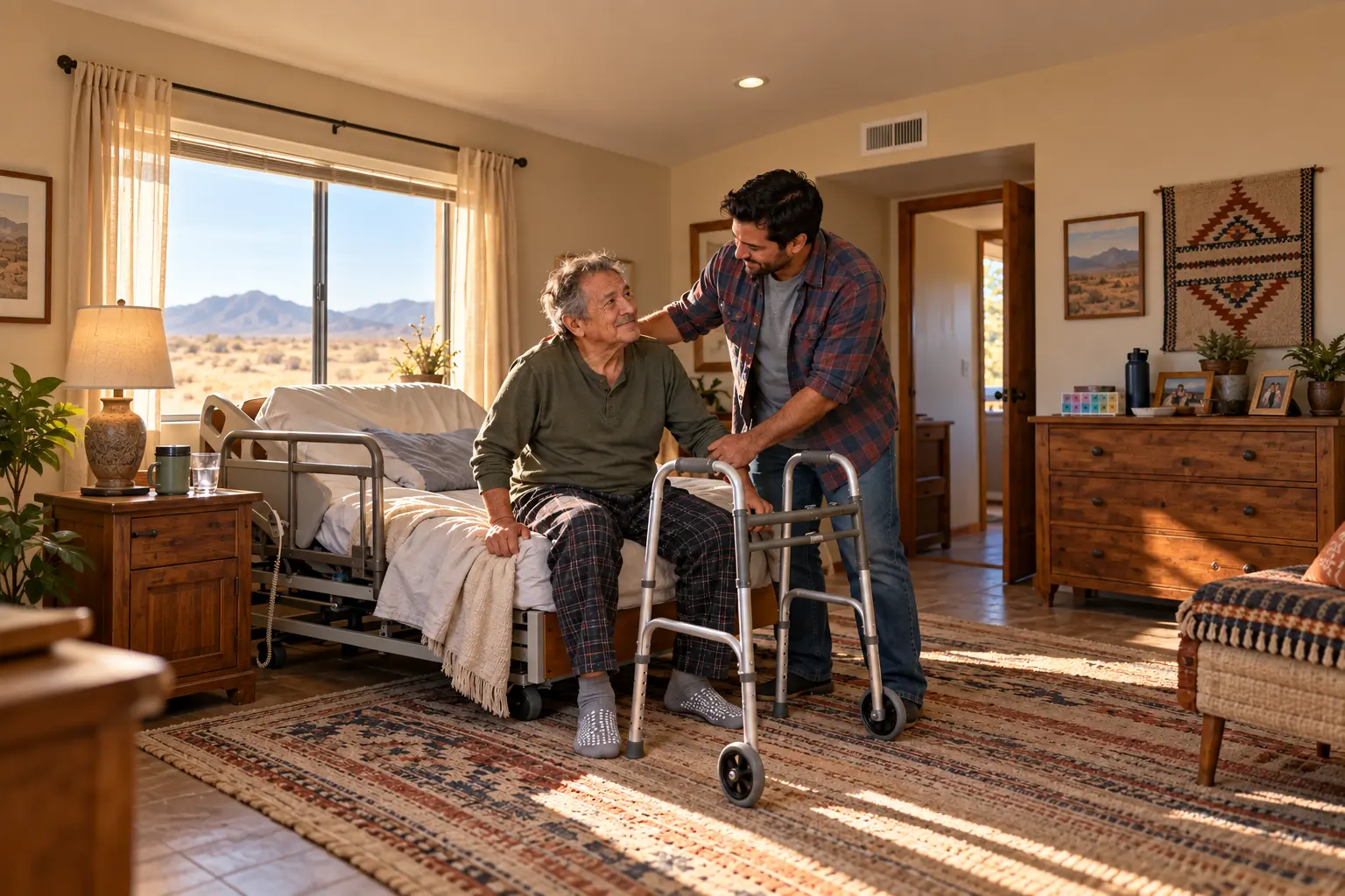 A son helps his father rise from a home hospital bed toward a walker in the morning