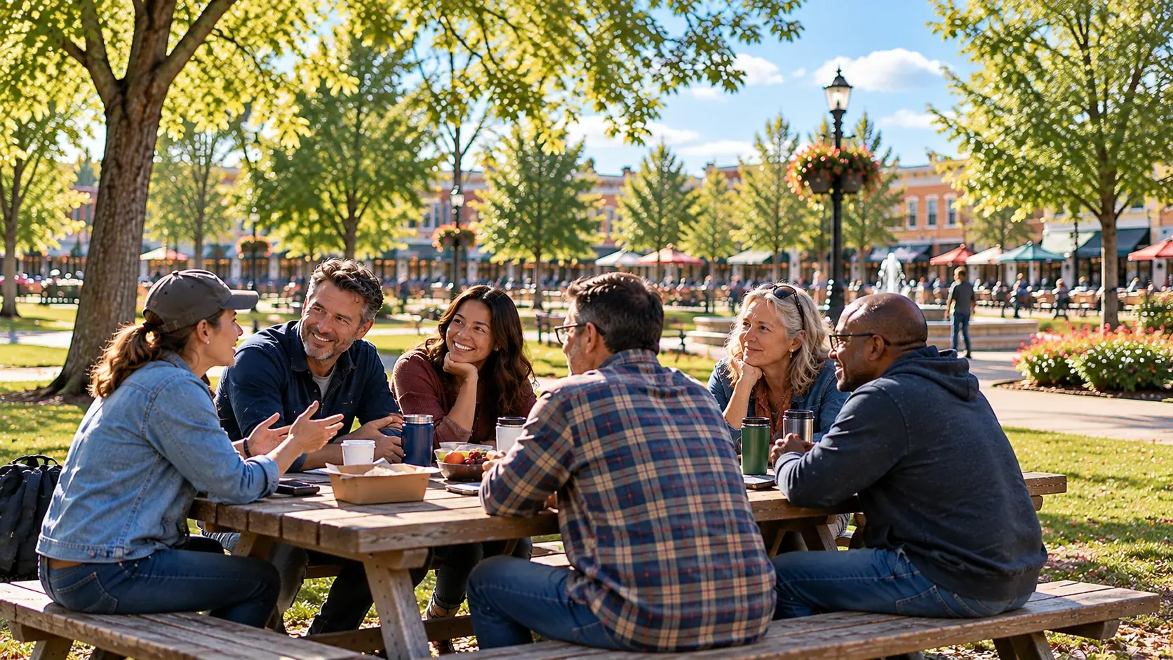 Six adults of different ages and backgrounds connecting over conversation at a picnic table in a community park
