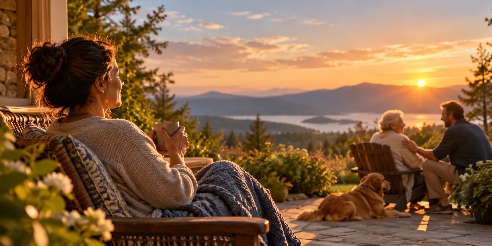 A caregiver rests with a warm drink while a trusted companion spends time with an older adult nearby at sunset