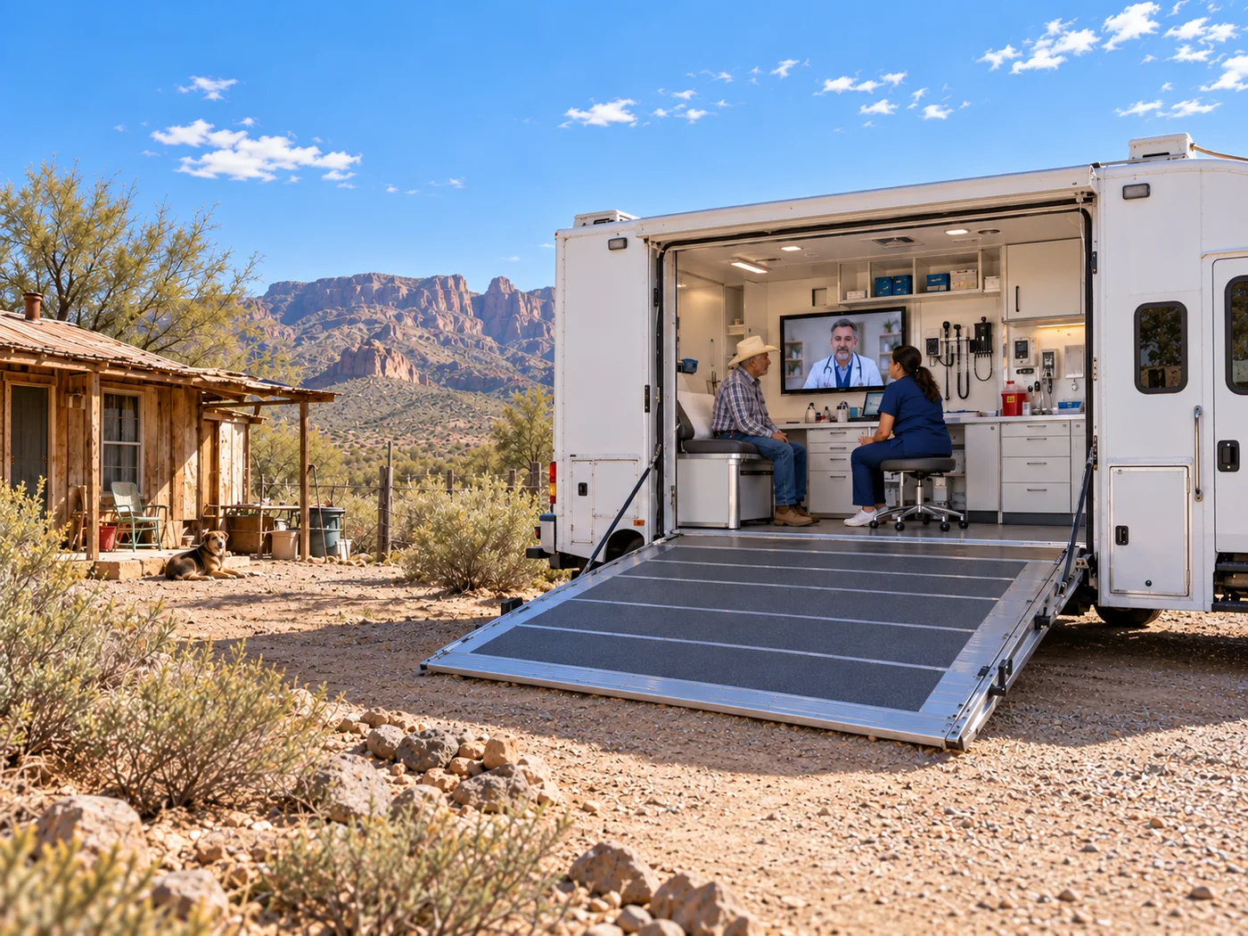 A rural mobile telehealth clinic with a full-width ramp is parked beside a modest desert home while a nurse helps a patient consult with a doctor by video