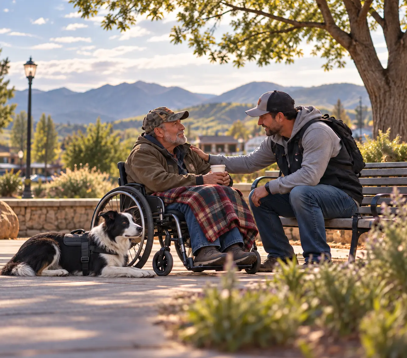 A seated man using a wheelchair shares a caring conversation with another man while his scruffy service dog rests beside him
