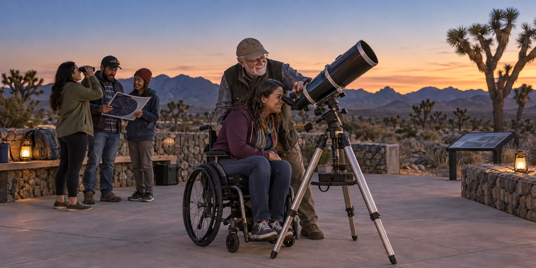 An older astronomy enthusiast shares an accessible telescope experience with a woman using a wheelchair at a high-desert stargazing gathering