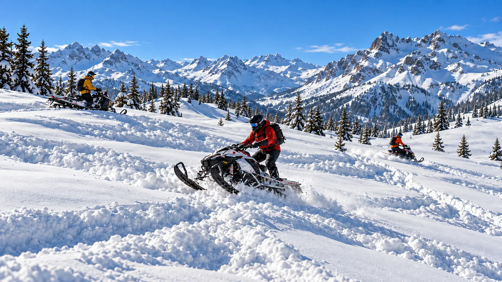 Three snowmobilers exploring deep powder on a bluebird mountain day, with one rider observing while two cross the snow
