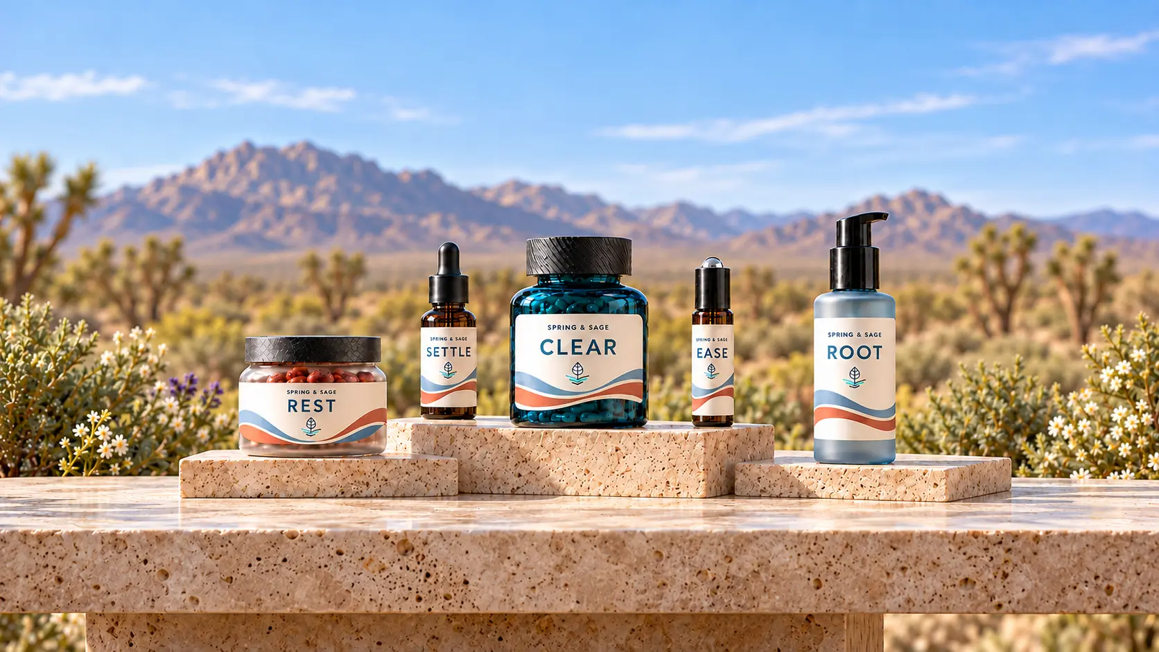Five Spring and Sage wellness products labeled REST, SETTLE, CLEAR, EASE, and ROOT grounded on a substantial travertine table against a naturally softened asymmetric Mojave mountain range