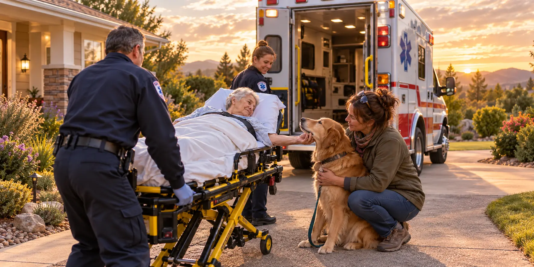 An older woman reaches from an ambulance stretcher to touch her golden retriever while family and paramedics keep them connected