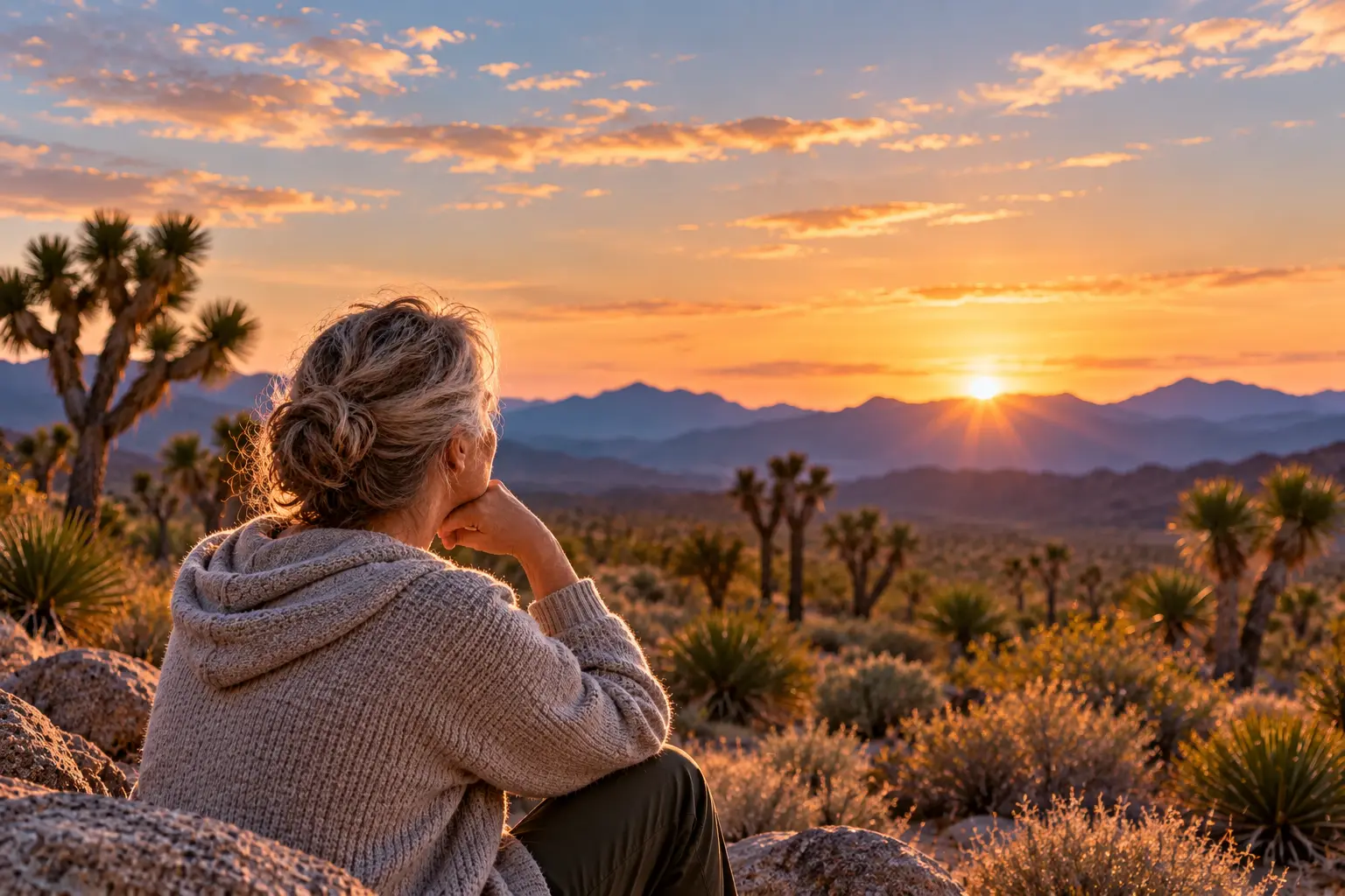 An older woman sits in quiet reflection overlooking a Joshua-tree desert and layered mountains at sunset