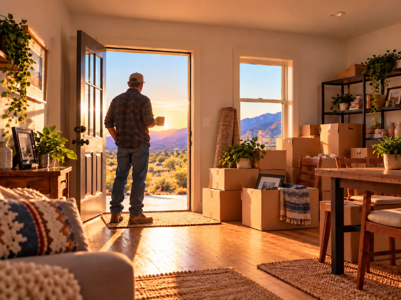 A man stands at an open doorway in a partially packed home, looking toward a sunlit desert and mountains as he begins a new chapter