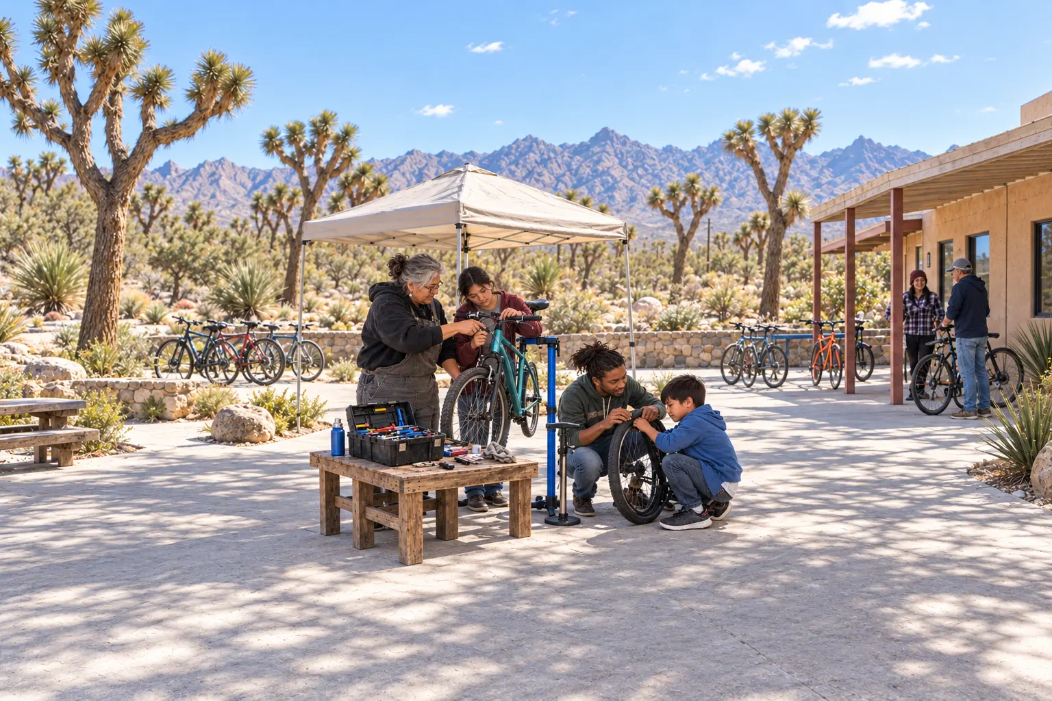 Neighbors sharing bicycle-repair skills across generations at a high-desert community workshop