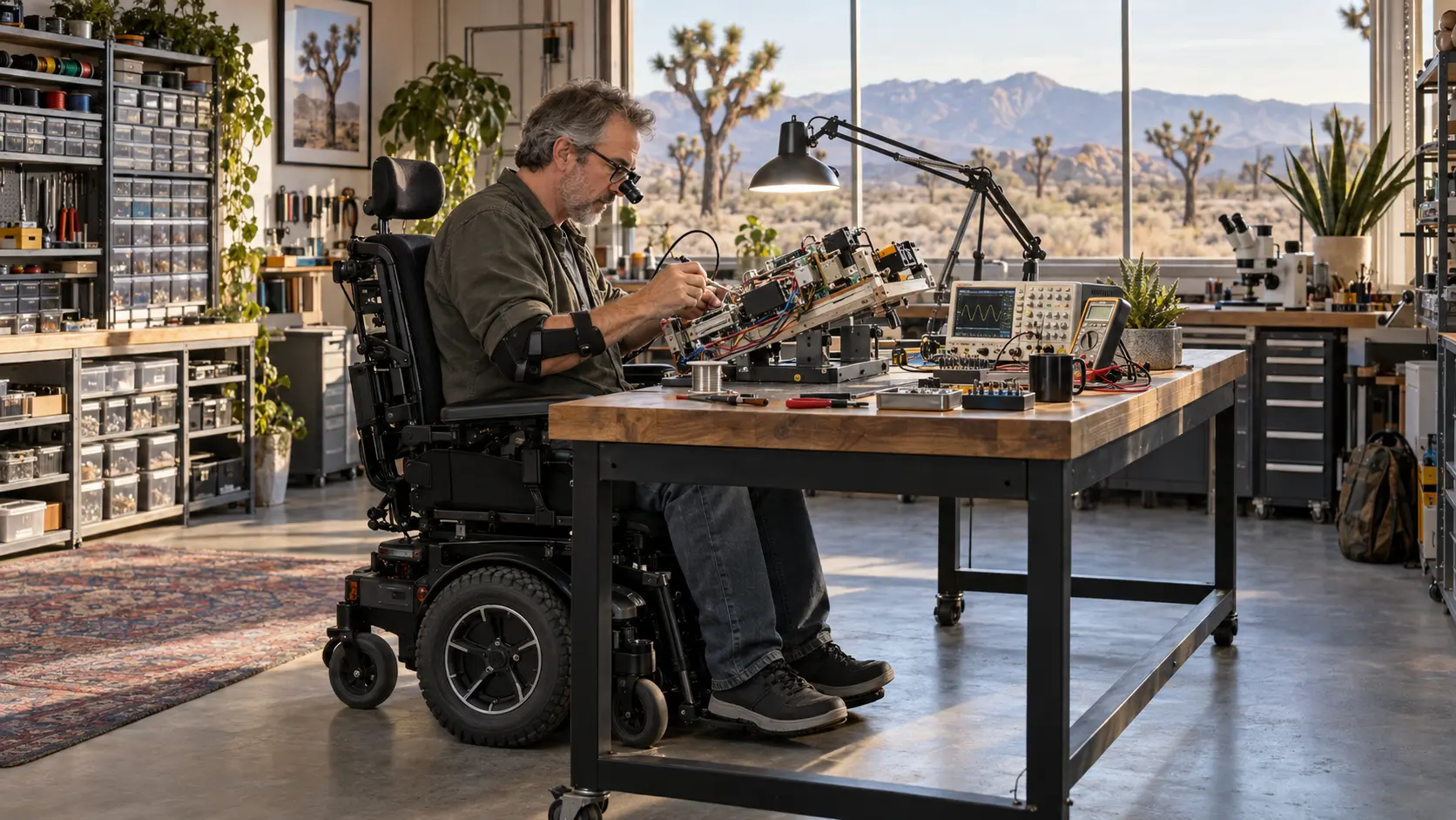 A skilled electronics technician using a power wheelchair works at an accessible precision workbench
