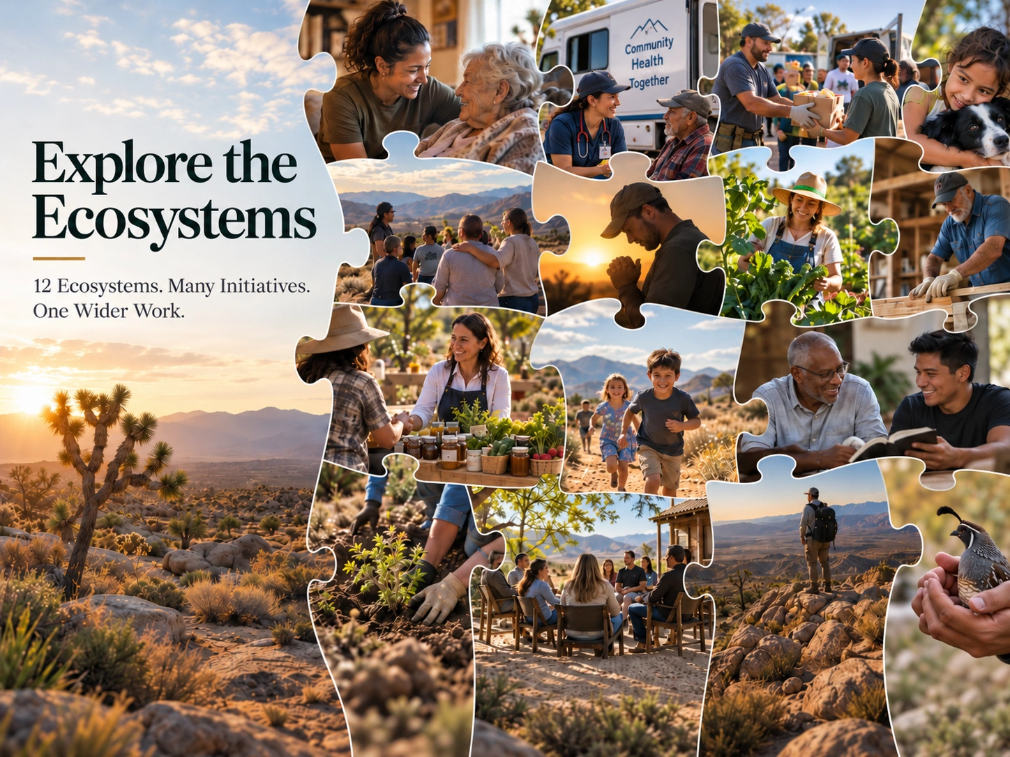 Explore the Ecosystems — 12 Ecosystems. Many Initiatives. One Wider Work. A puzzle of people, care, service, community, work, creation, and possibility.