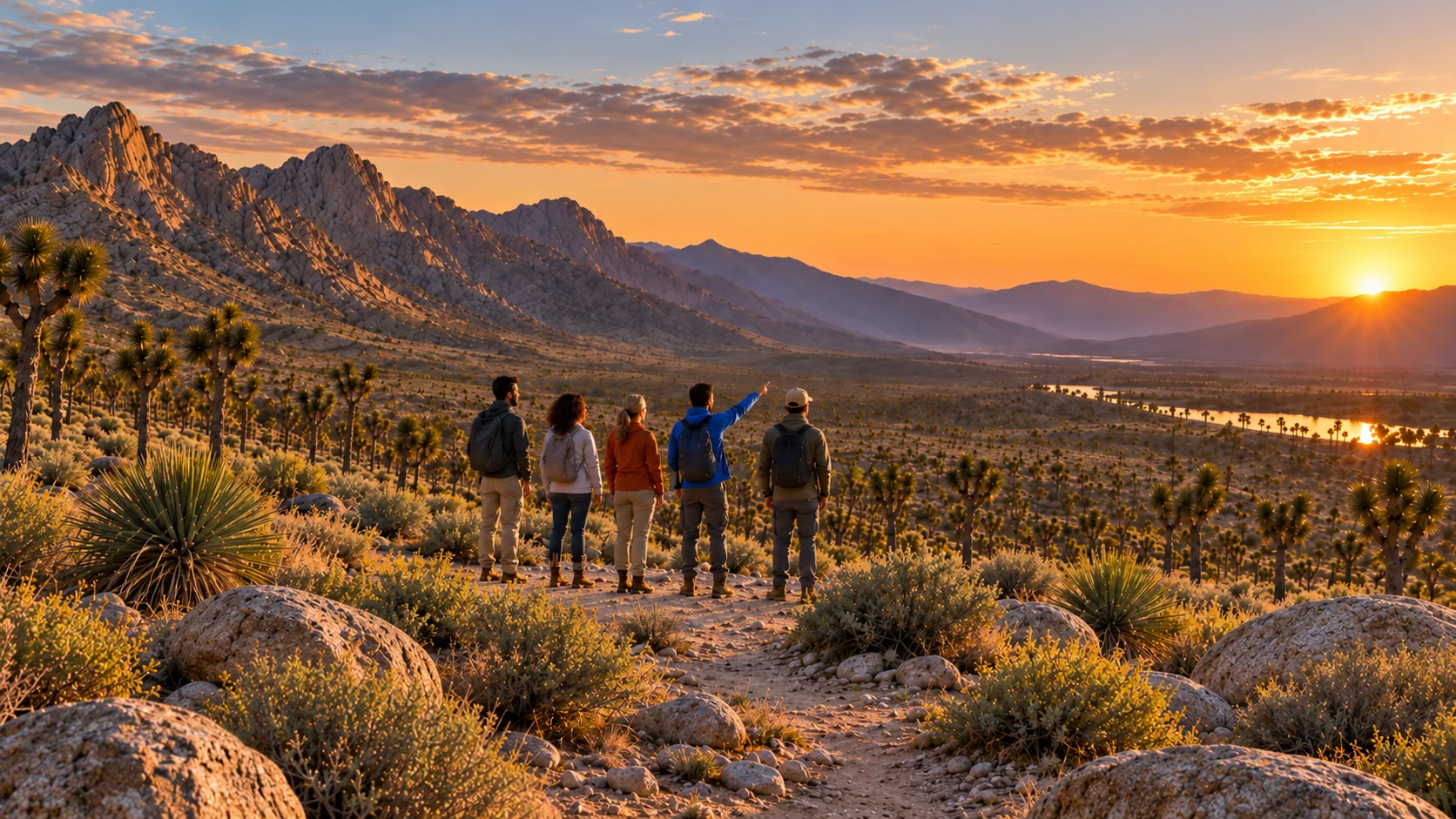 People looking together toward a desert horizon