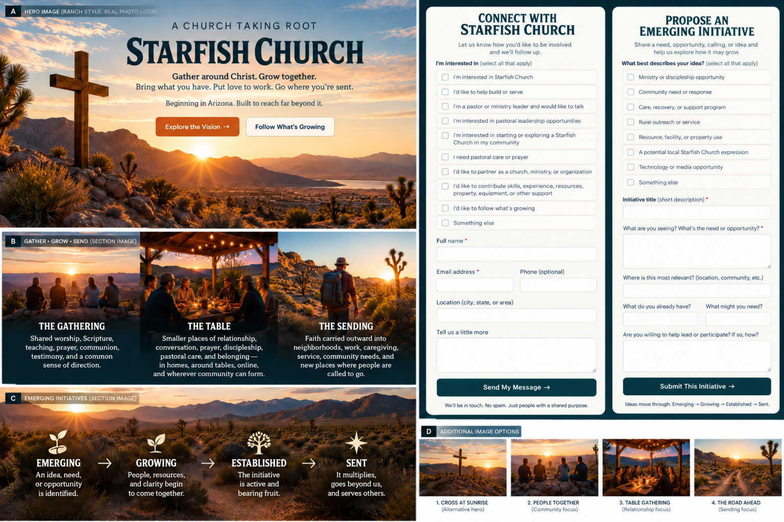 Starfish Church concept board showing hero image, gather-grow-send concepts, form ideas, and supporting visual options.