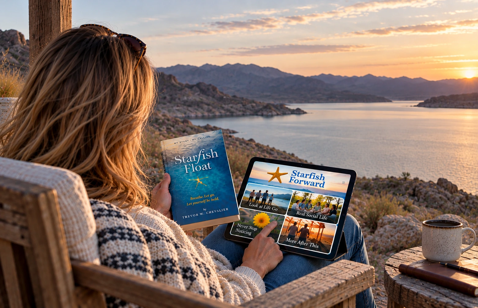 Reader holding Starfish Float beside a tablet displaying Starfish Forward, overlooking a lake at sunset