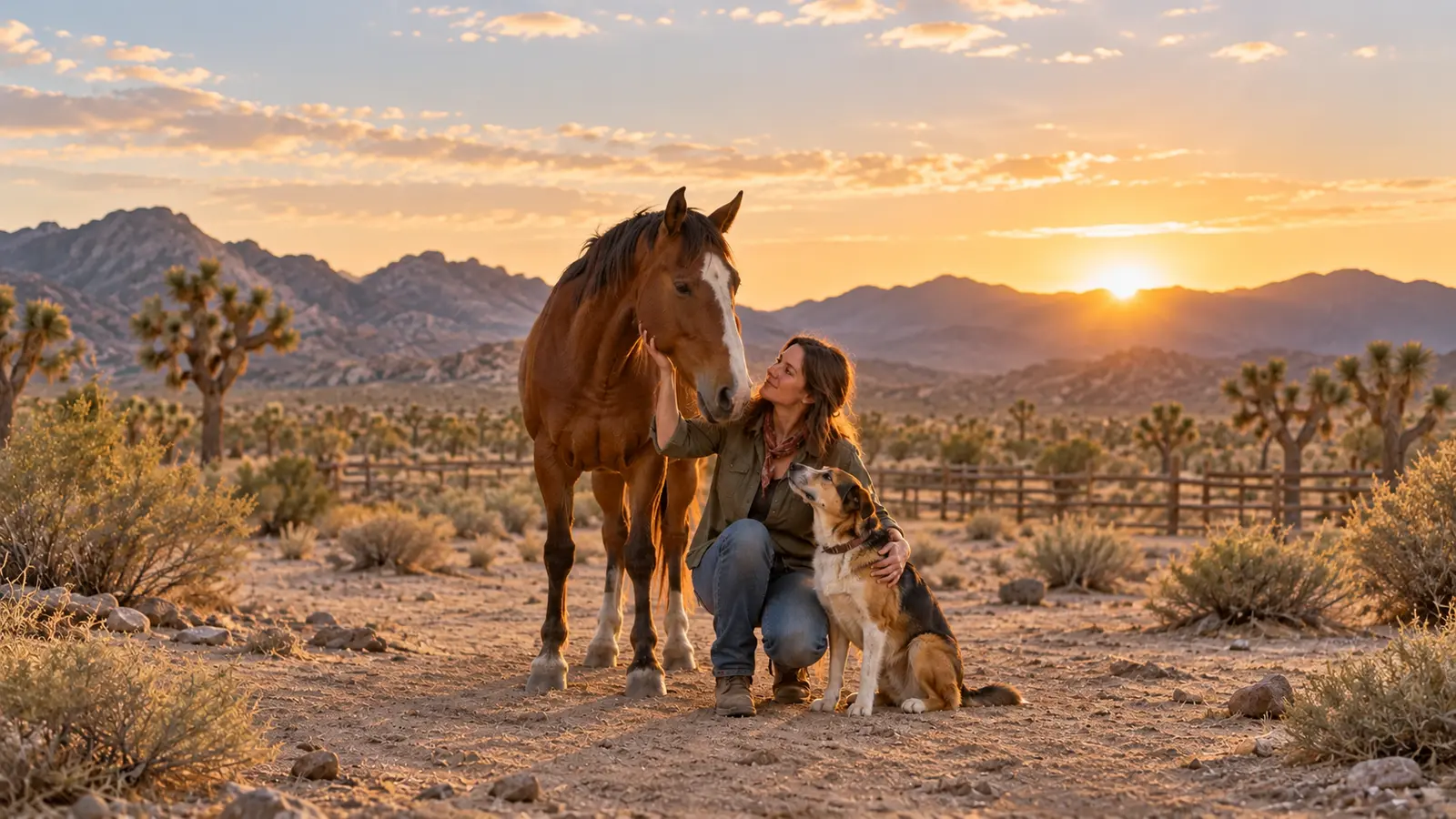 A woman caring for an older horse and companion dog at a desert animal sanctuary