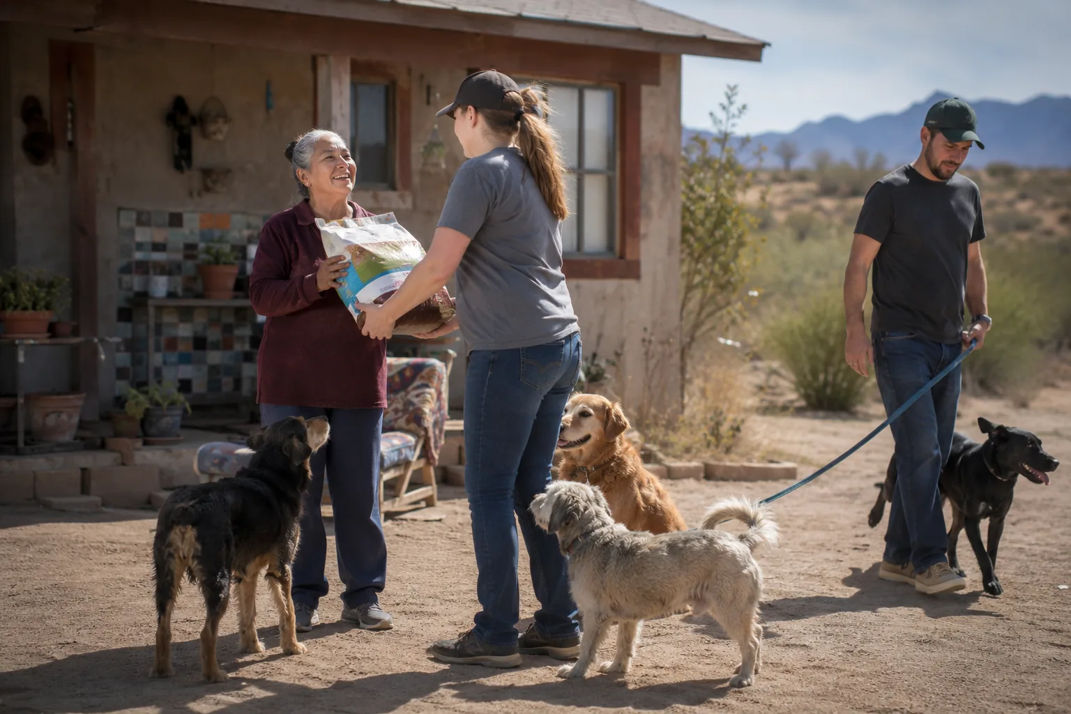 Volunteers delivering pet food and practical support to help a woman care for her dogs