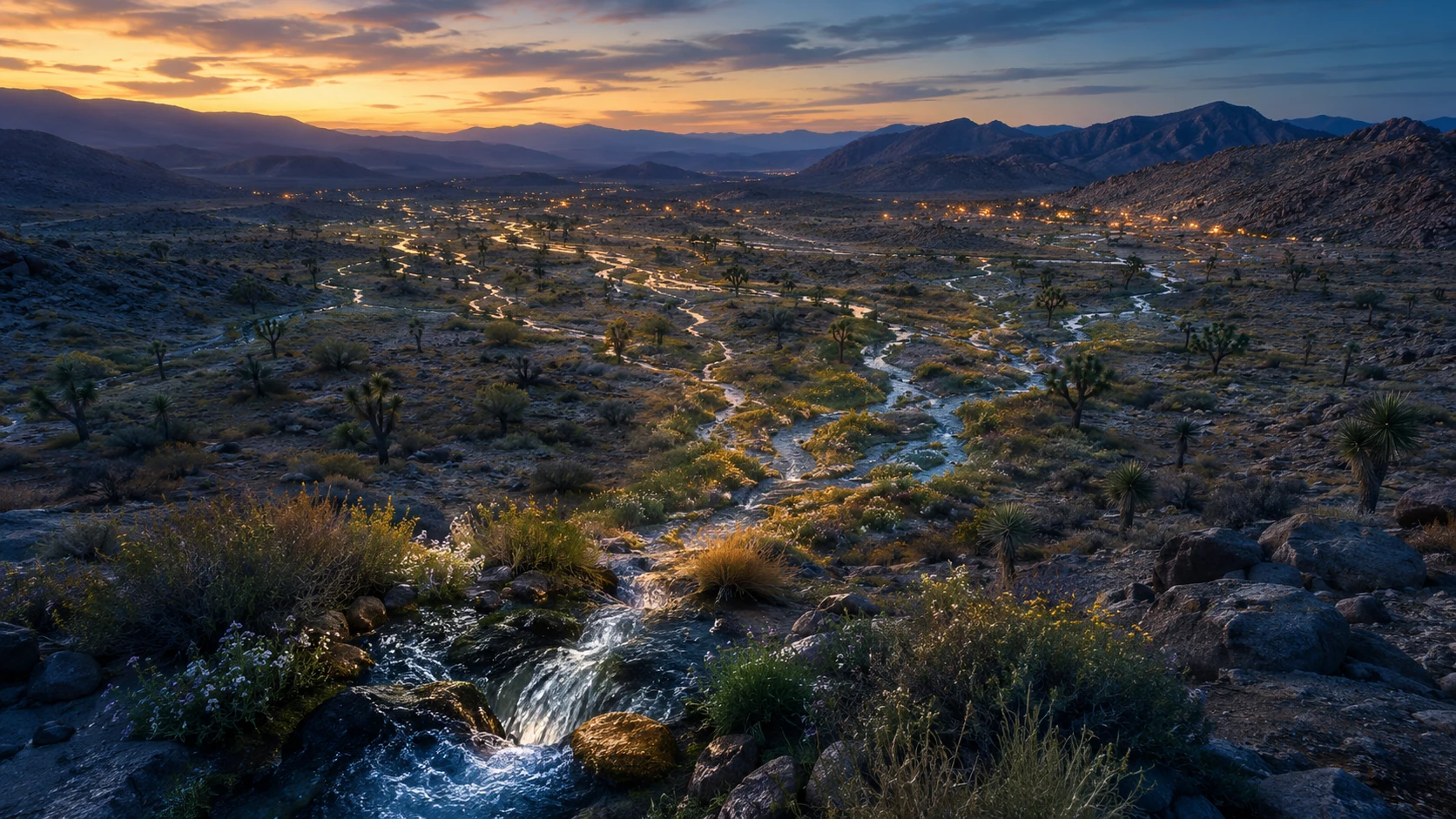 One desert spring dividing into many life-giving channels across a wide valley at dusk